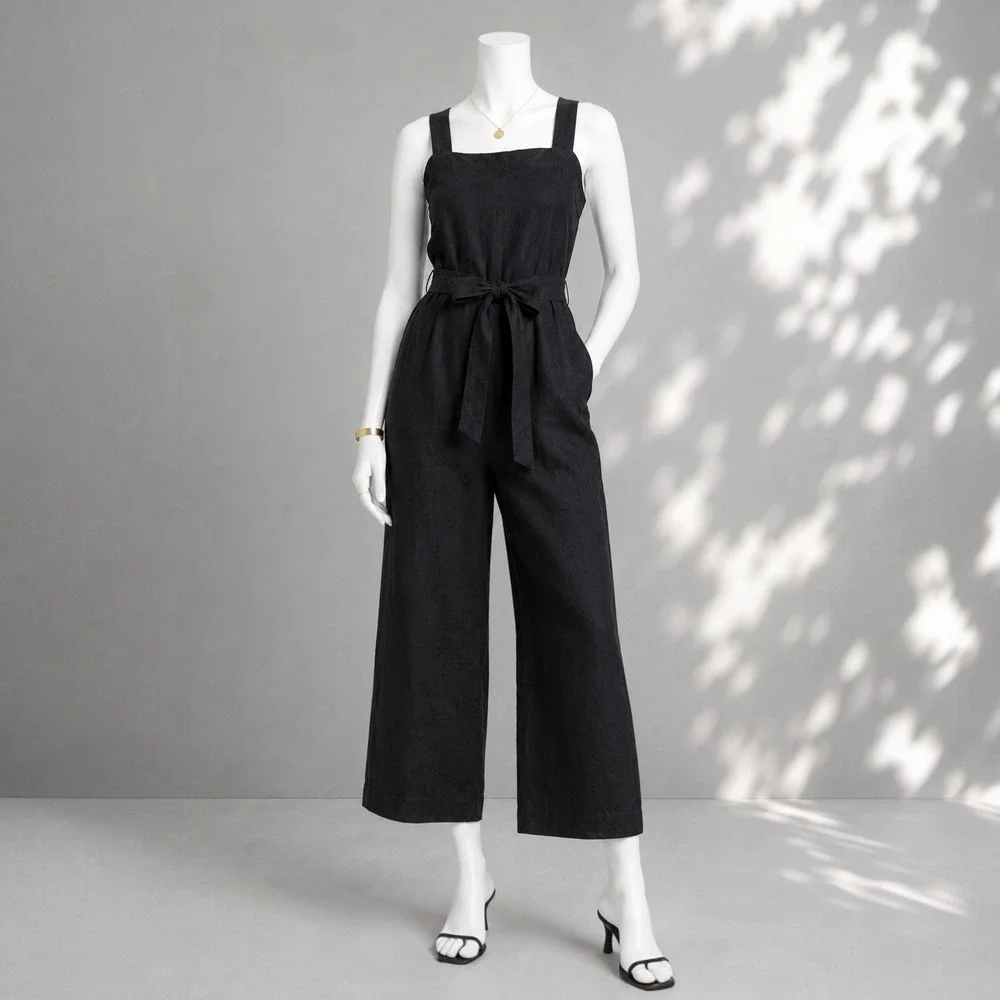 Quince European Linen Jumpsuit XS Black Square Neck Belted Minimalist Travel